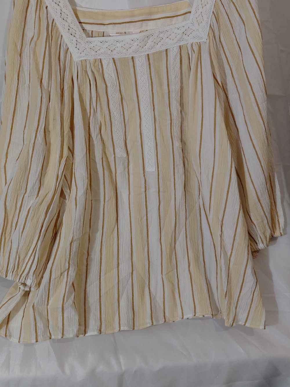 LC Lauren Conrad Cream and Tan Striped Square-Neck Tunic with Lace Trim